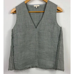 Ann Mashburn Sage Green Linen Fringe Sleeveless Top Medium Cottage Coastal